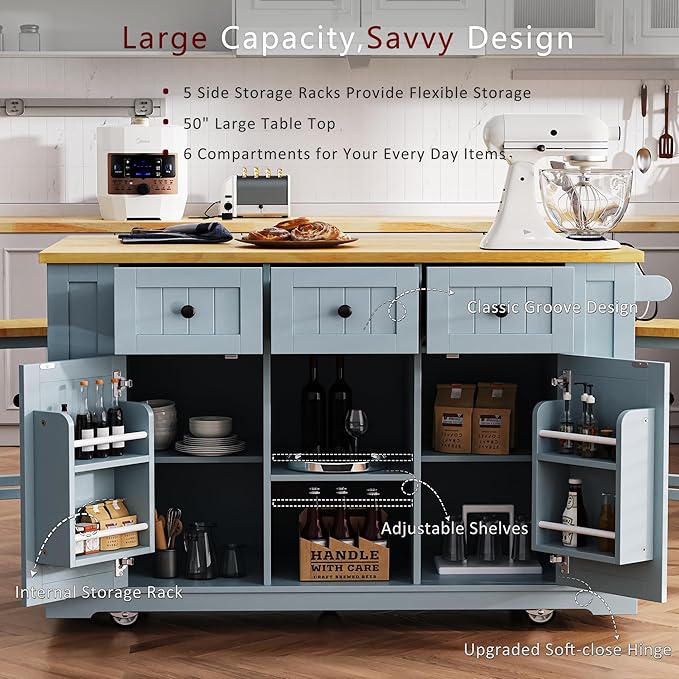 Merax 53" Upgraded Kitchen Cart Island on Wheels with Power Outlet,Drop Leaf,3 Drawers and 5 Open Side Racks,Wood Rolling Storage Cabinet
