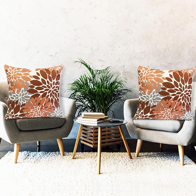 Decorative Throw Pillow Covers Set of 2 Brown Coffee Pillow Covers 18x18 Inch Couch Pillow Covers for Sofa Living Room Outdoor Throw Pillow Cover Linen Floral Flower Farmhouse Pillowcase