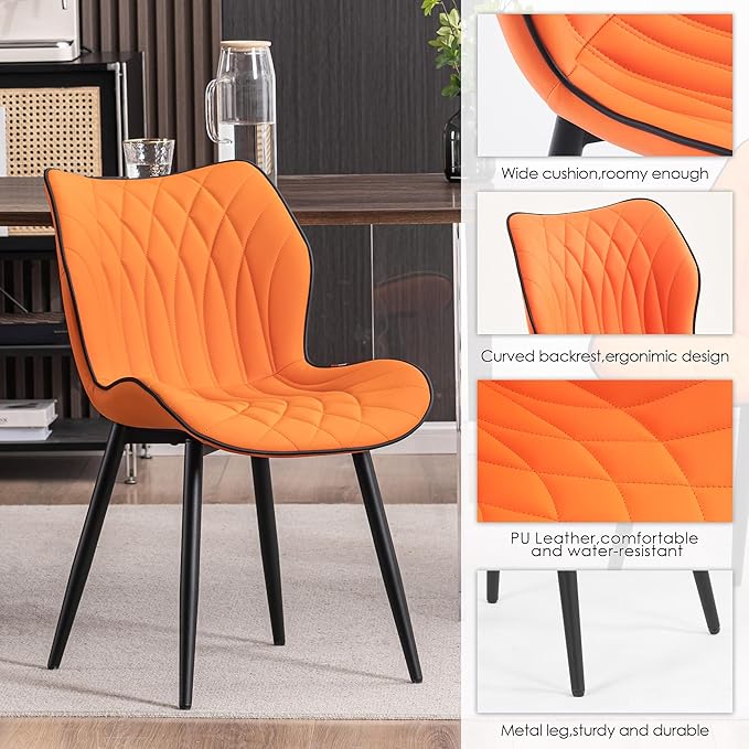 Kidol & Shellder Modern Dining Chairs Set of 2 Comfy Dining Room Chairs with Thick Cushions PU Leather Upholstered Kitchen Side Chairs with Metal Legs Orange