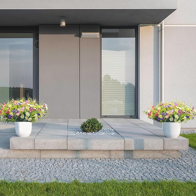 24 Bundles Fake Outdoor Wild Flowers Lifelike UV Resistant Mixed Colors Artificial Flowers for Indoor Outside Hanging Planters Garden Home Office Decor