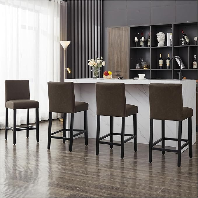 26'' Faux Leather Bar Stools Set of 4, Modern Upholstered Bar Height Bar Chairs, Soild Wood Legs Barstools with Back, Brown