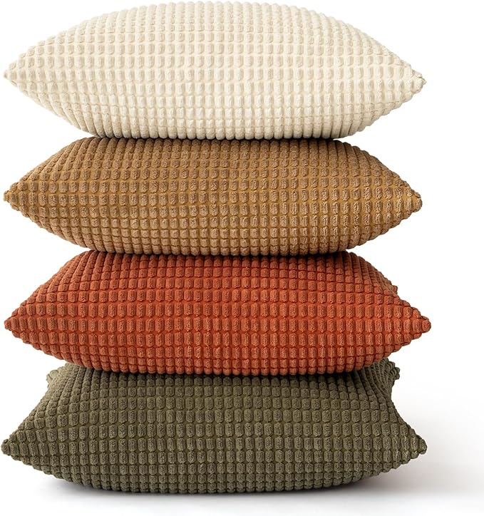 MIULEE Modern Farmhouse Decorative Euro Sham Pillow Covers 24x24 Set of 4 Natural Rustic Throw Pillows Neutral Warm Soft Corduroy Couch Pillowcases Home Decor for Sofa Living Room Bed Brown Green