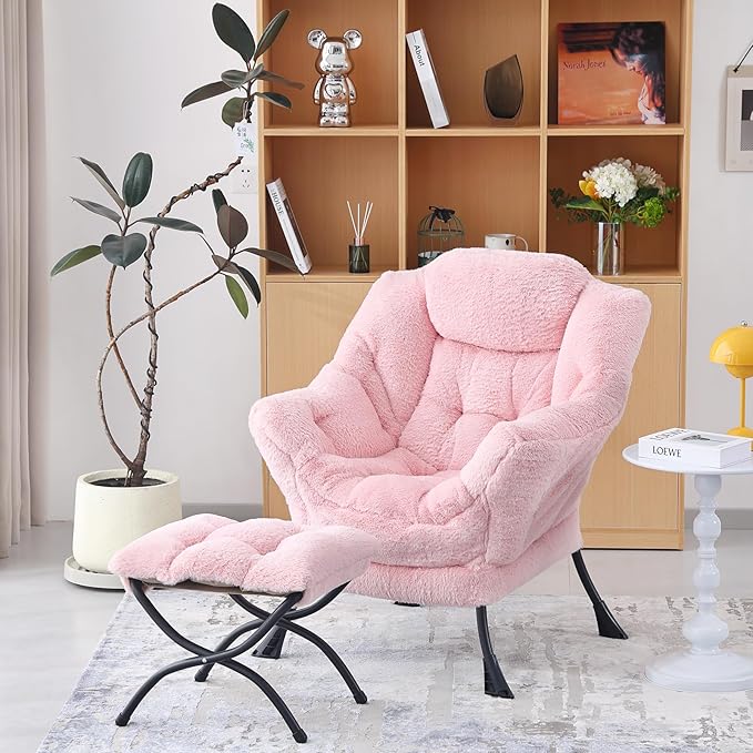 Welnow Lazy Chair with Ottoman, Modern Lounge Accent Chair with Armrests and a Side Pocket, Leisure Sofa Armchair Set, Reading Armchair with Footrest for Small Space, Plush Pink