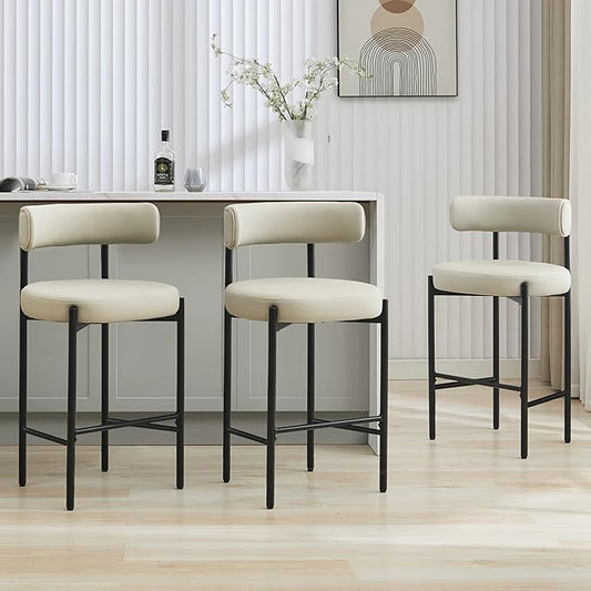 28'' Faux Leather Bar Stools Set of 3, Bar Height Stools for Kitchen Island, Grey Barstools with Backs, Upholstered Counter Chairs (Vegan Leather, Grey)