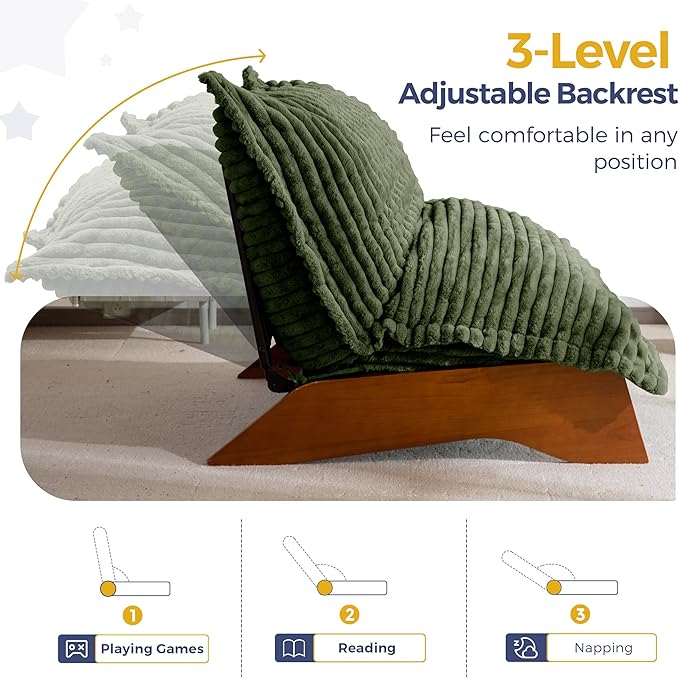 MAXYOYO Adjustable Living Room Chair, 3-Position Bean Bag Chair with Removable Cover, Upholstered Accent Chair with Frame, Soft Reclining Lounge for Bedroom, Apartment, Office, Green