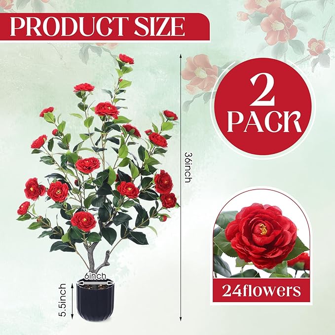 Jexine 2 Pack 36" Artificial Tree with Camellia, Fake Tree with 24 Blooming Flowers, Flower Plants Tree Faux Floral Plant Tree in Cement Pot for Indoor Outdoor Office Home Porch Decor (Red, 36")