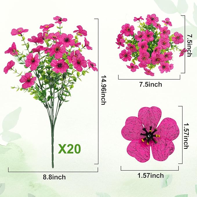 20 Bundles Artificial Flowers for Outdoors Decoration Fake Silk Flowers UV Resistant Faux Plants Artificial Daisy Eucalyptus for Spring Summer Garden Yard Porch Window Home Decor, Fuchsia