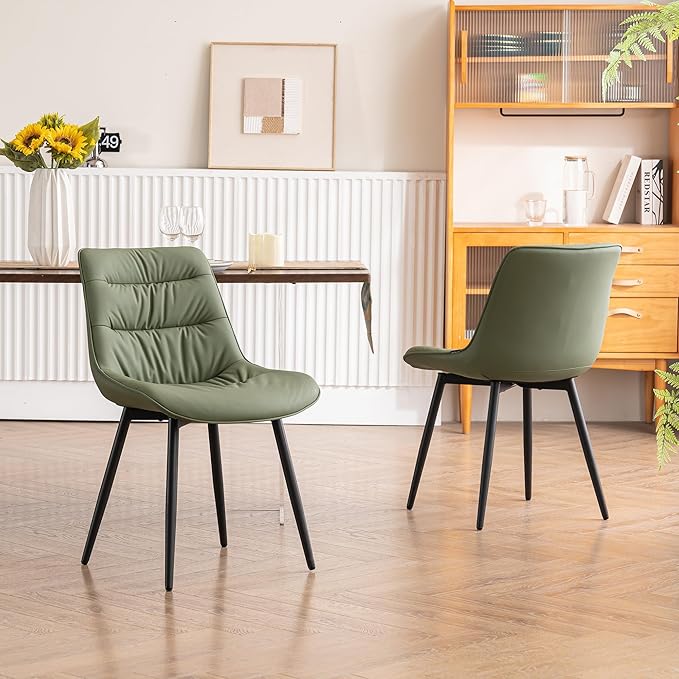 Kidol & Shellder Dining Chairs Set of 2, Modern Upholstered Faux Leather Kitchen Side Chairs with Comfortable Back - Mid-Century Armless Chair for Dining Living Room Bedrooms, with Metal Legs (Green)