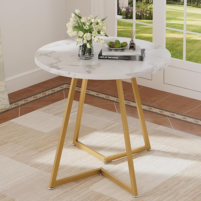 VECELO Round Dining Room Table with Wood Grain Tabletop and Steel Frame, for Kitchen, Living Room, Office, Conference, 2 to 4 Person, White & Gold