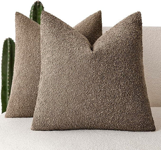 Foindtower Set of 2, Decorative Textured Boucle Throw Pillow Covers Accent Solid Pillow Cases Neutral Soft Cozy Couch Cushion Case for Chair Sofa Bedroom Living Room Home Decor 16x16 Inch Light Brown