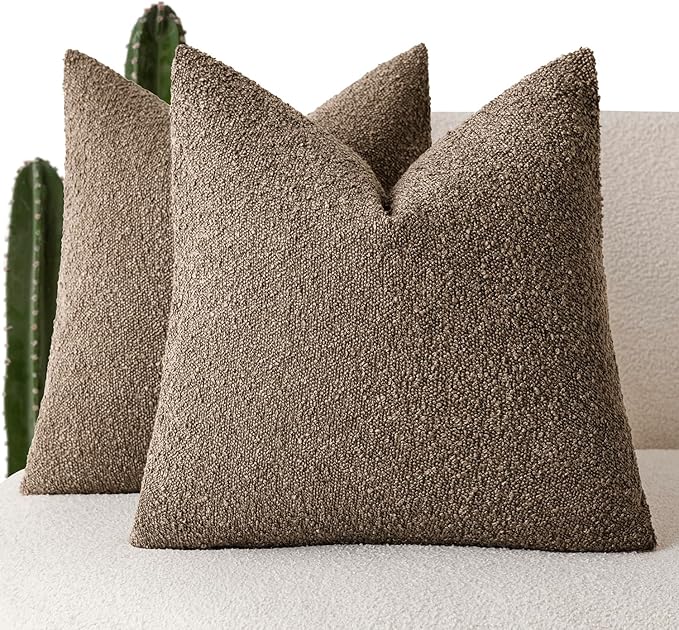 Foindtower Set of 2, Decorative Textured Boucle Throw Pillow Covers Accent Solid Pillow Cases Soft Cozy Couch Cushion Case for Chair Sofa Bedroom Living Room Home Decor 24x24 Inch Light Brown