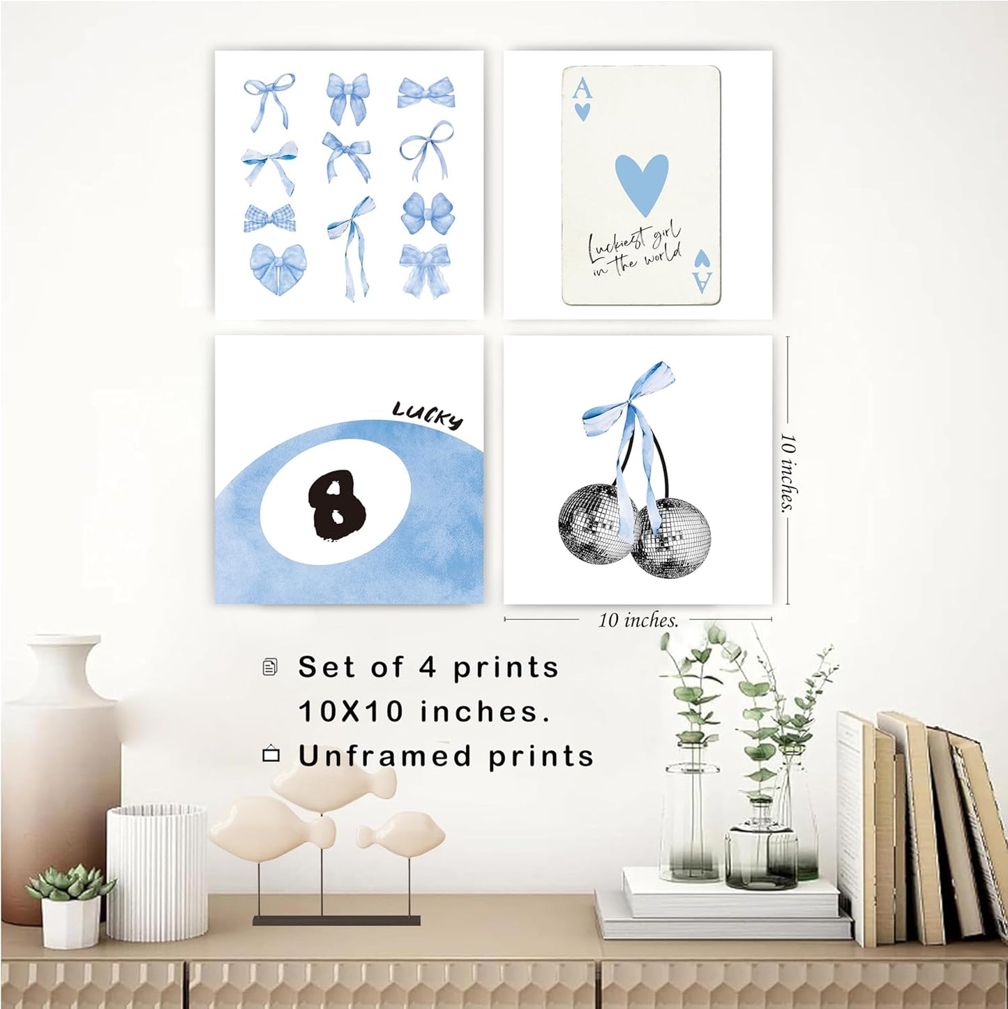okaxscm Light Blue Coquette Trendy Preppy Wall Art Prints Set of 4, Coquette Preppy Room Decor, Blue Bow Disco 8 Ball Cherry Wall Decor Posters for Girls Bedroom Dorm, 10x10 Unframed