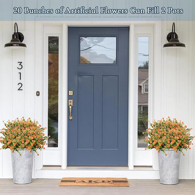 Outdoor Artificial Flowers UV Resistant, 20 Bundles Fake Realistic Floral Greenery Plants for Outside Porch, Window Boxes, Garden, Yard, Inside Home Table Decor, Orange