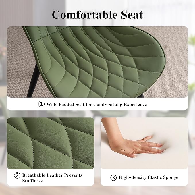YOUNIKE Dining Chairs Set of 2, Upholstered Faux Leather Kitchen Dining Room Chairs, Modern Living Room Bedroom Side Chairs with Wide Curved Back and Metal Legs, Olive Green