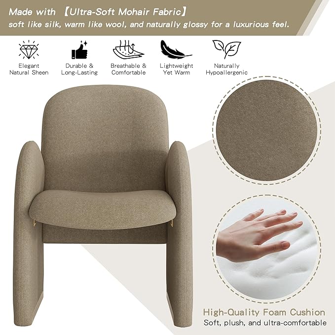 YOUTASTE Oversized Mohair Accent Chair for Living Room & Bedroom, Mid-Century Modern Armchair with Wood Frame & Gold Legs, Comfy Upholstered Single Sofa, Sandy Brown