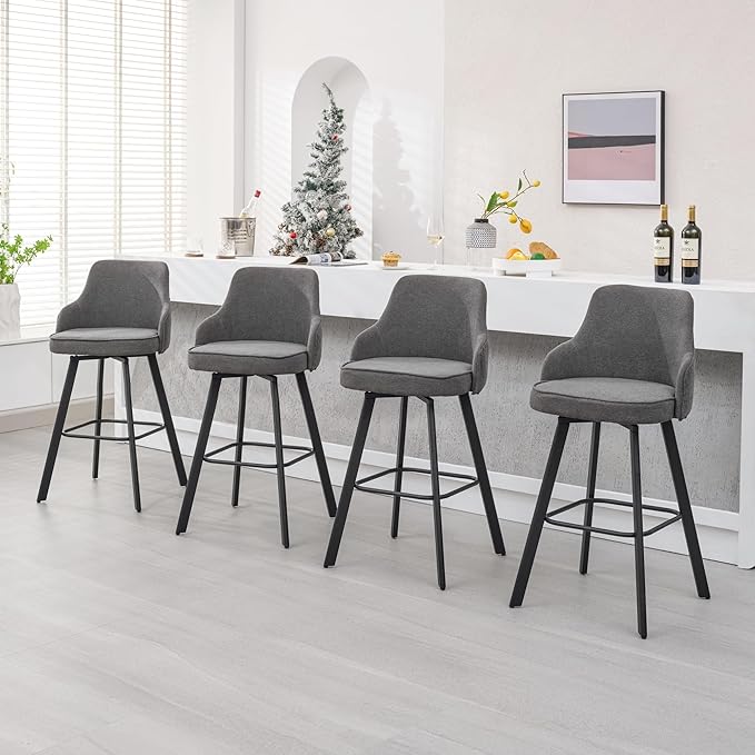Bar Stools Set of 4, 30" Swivel Bar Height Bar Stool with High Back, Linen Kitchen Barstools Bar Height for Kitchen Island (Dark Grey, 4PCS 30" Bar Stools)