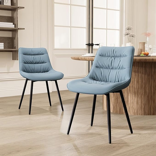 Kidol & Shellder Dining Chairs Set of 2, Modern Upholstered Faux Leather Kitchen Side Chairs with Comfortable Back - Mid-Century Armless Chair for Dining Living Room Bedrooms, with Metal Legs (Blue)
