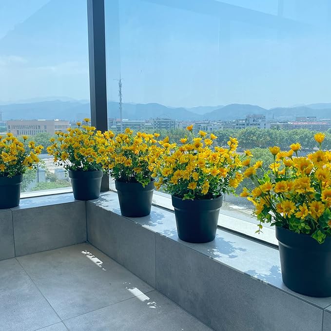 alyptus Fake Mums Outdoor Yellow Flowers 8 Bundles Plants for Outside Fall Artificial Flower UV Resistant for Wedding Home Garden Window Box Decor