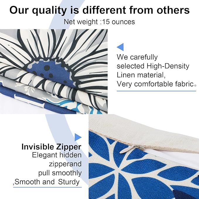 Decorative Throw Pillow Covers Set of 4 Blue Pillow Covers 18x18 inch Throw Pillow Cases Linen Square Pillow Case,Farmhouse Outdoor Modern Boho Pillow Covers for Couch Sofa Living Room