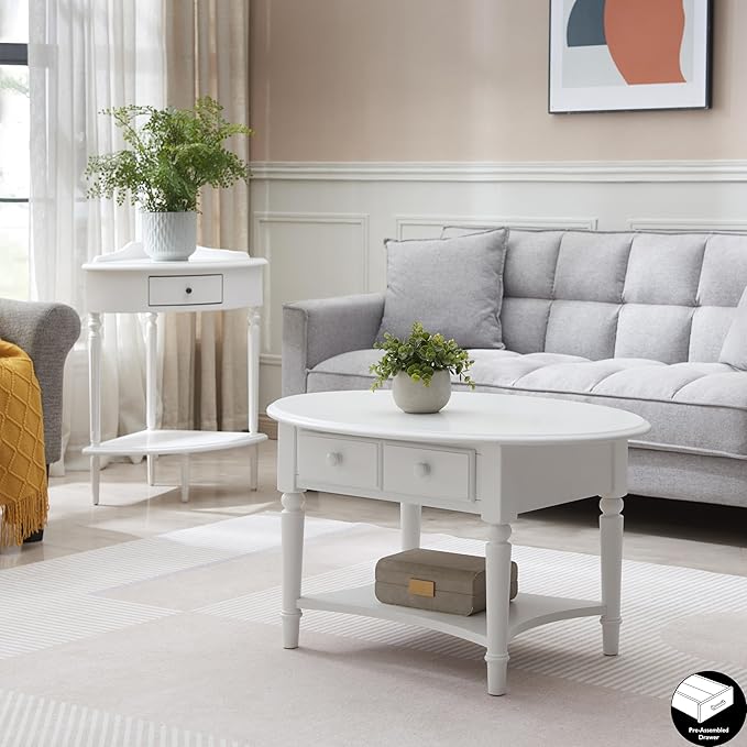 Leick Coastal Oval Coffee Table with Shelf, Orchid White