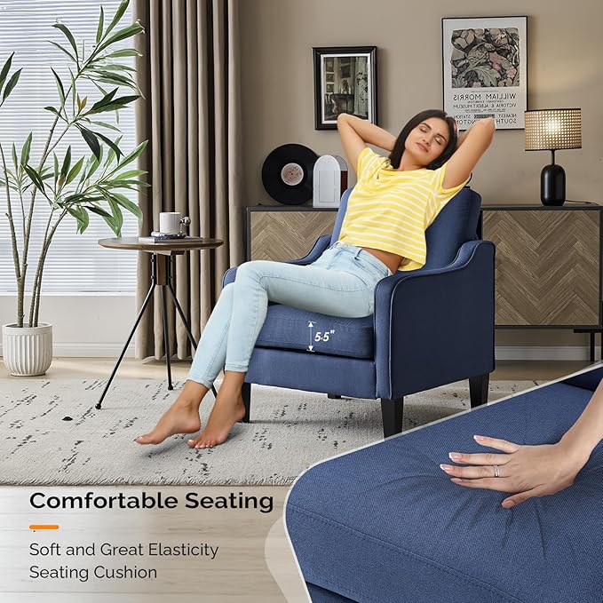 VINGLI Mid Century Modern Accent Chair,Navy Blue Fabric for Living Room Upholstered Armchair with Scooped Arms for Bedroom,Apartment,Studio,Office,Waiting Room