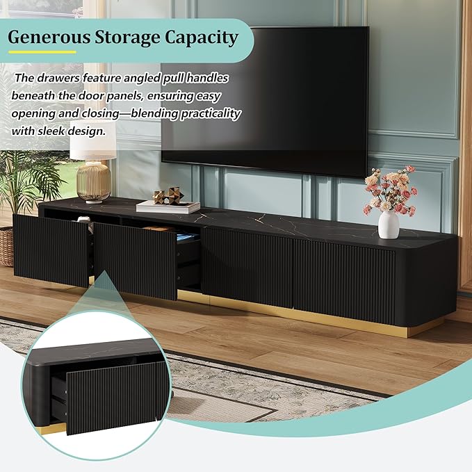 Merax Modern Wood TV Stand for TVs Up to 85'', Faux Marble Tabletop Entertainment Center with Storage Drawers, Practical Media Console for Living Room, Bedroom, Black