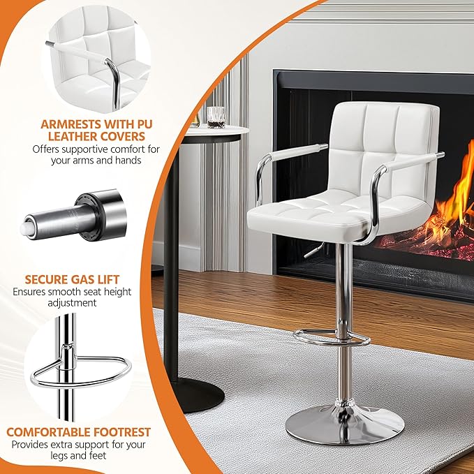 Yaheetech Bar Stools Set of 2, PU Leather Adjustable Swivel Barstools, Hydraulic Kitchen Counter Height Bar Chairs with Armrest and Back for Bar, Kitchen, Dining Room, White