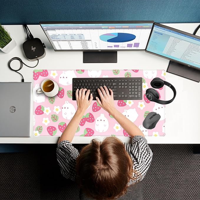 Pink Kawaii Desk Mat, Strawberry Field Desk Pad Large, Extended Mouse Pad Cute, XXL Laptop Computer Keyboard Mat Desktop Mouse Mat, Gaming Computer Pad Women Desk Decor Accessories 31.5"x15.75"