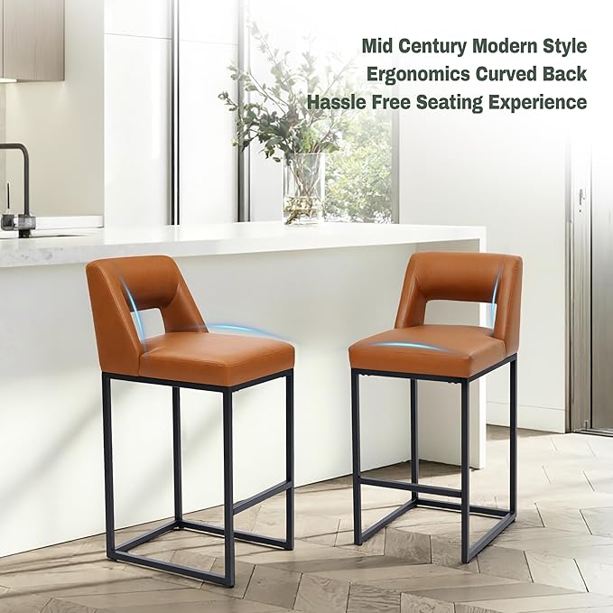 Counter Height Bar Stools Set of 2 for Kitchen Counter Modern Bar Chairs with Backs for Kitchen Island with Upholstered Faux Leather Seat and Metal Frame, 26 Inch, Light Brown