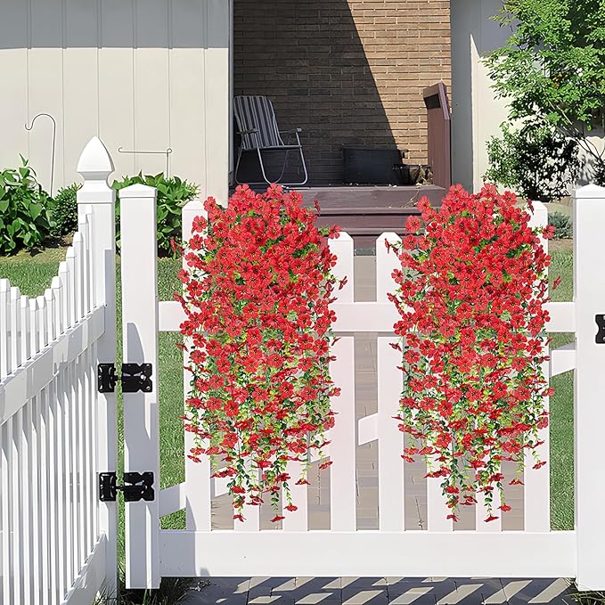 Artificial Fake Hanging Plants Flowers for Outdoor Outside Decor, Faux Mums Silk Realistic Flower, 2 Pcs UV Resistant Look Real Plastic Decorations for Porch Home Patio Balcony Yard