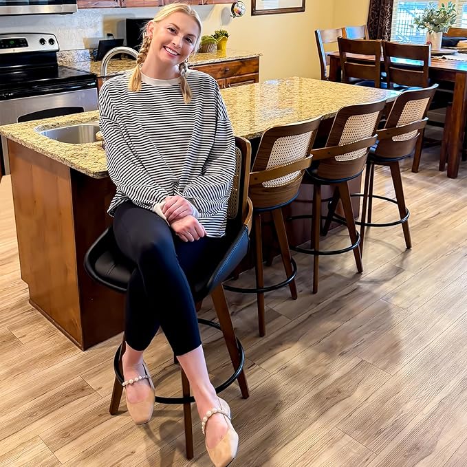 Mid Century Modern Counter Stools - 29.5 inch Swivel Rattan bar stools with Cane Back, Upholstered Faux Leather, Walnut Craftsmanship (Walnut Brown, Set of 3/30 inch)