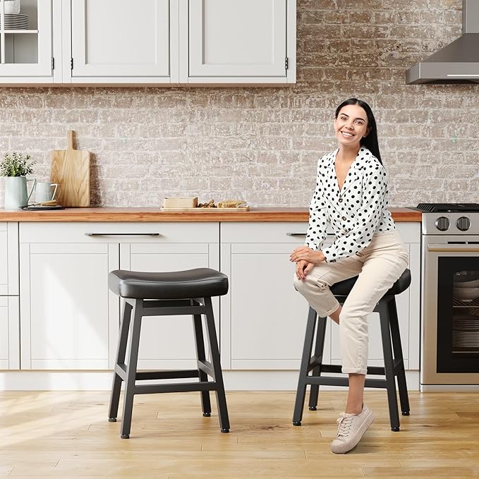 Counter Height Bar Stools Set of 3, 24 Inch Barstools for Kitchen Counter, Kitchen Stools with Bonded Leather Saddle Seats & Heavy Duty Metal Legs, Easy Assembly, Gray/Black