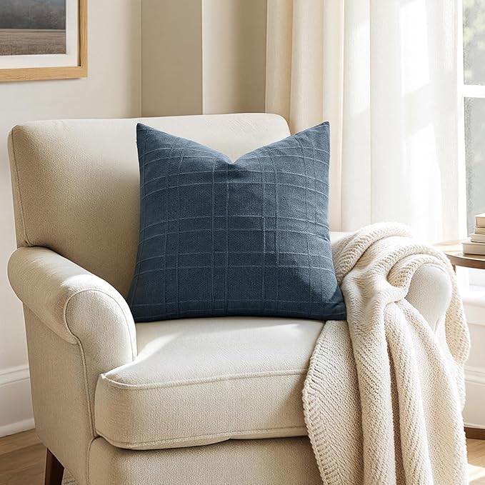 MIULEE Decorative Linen Check Euro Shams Throw Pillow Covers Neutral Farmhouse Vintage Pillow Covers 22x22 Set of 2 Boho Modern Home Decor for Sofa Couch Bedroom Cushion Deep Blue