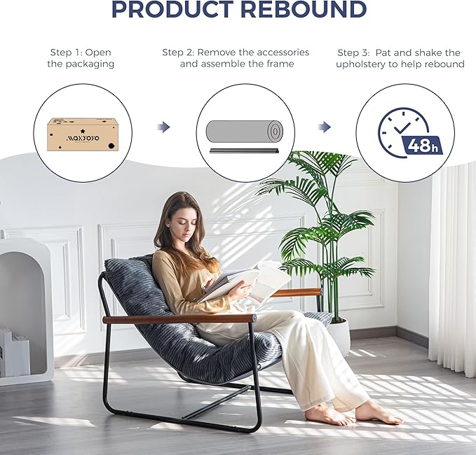 MAXYOYO Modern Accent Chair, Comfy Living Room Chair with Metal Frame Wooden Armrest, Upholstered Armchair with Soft Cushion for Bedroom Balcony Lounge Reading Room, Dark Grey