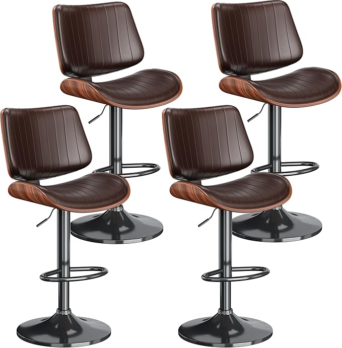 Swivel Bar Stools Set of 4, Adjustable Bentwood Barstools for Kitchen Counter, Modern PU Leather Upholstered Bar Chair with Back and Footrest, for Kitchen Island, Bar, Dining Room, Brown