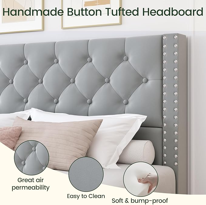 LARMACE Queen Size Bed Frame Upholstered Platform Bed with 4 Storage Drawers and Tufted Headboard Velvet Bed Frame with Heavy Duty Wood Slats, No Box Spring Needed, Easy Assembly, Bluish Grey