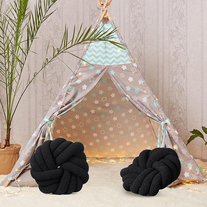 Marsui 2 Pieces Knot Ball Pillows 14 x 14 Inch Decorative Pillow for Couch Bedroom Plush Throw Knot Pillow Soft Handmade Chair Cushion for Living Room Car Decorations (Black)