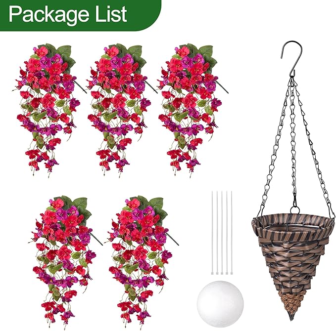 Artificial Fake Hibiscus Hanging Flowers Baskets for Outdoor Decoration, Faux Plants Silk Hibiscus Long Vines in Planter UV Resistant Realistic Flowers for Outside Porch Patio Home Decor, RedPurple