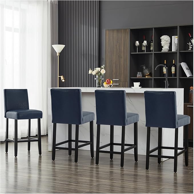 26'' Faux Leather Bar Stools Set of 2, Modern Upholstered Bar Chairs with Back, Soild Wood Legs Barstools for Kitchen Island, Blue