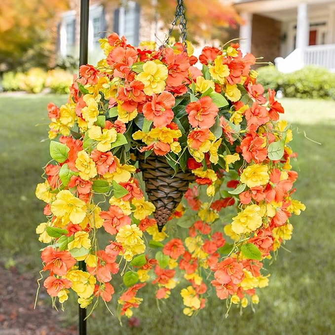Artificial Fake Fall Hanging Flowers Plants Baskets for Outdoor Decoration, 5Pcs Faux Silk Hibiscus Long Vines in Planter Look Real for Outside Home Porch Patio Garden (YellowOrange)