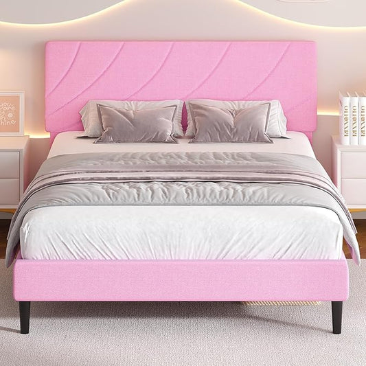 HOMBCK Full Bed Frame with Adjustable Headboard, Full Size Bed Frame with Linen Fabric Upholstered and Wooden Slats Support, No Box Spring Needed, Noise-Free, Easy Assembly, Pink