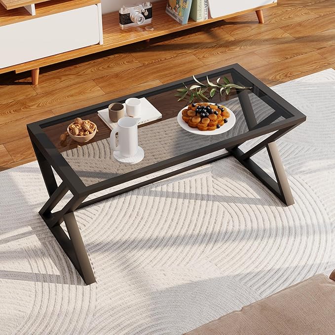 Coffee Table Grey Glass Coffee Table for Living Room,Modern Rectangular Center Table with Sturdy Metal Frame,Tempered Glass Table Tea Tables for Bedroom Home Office