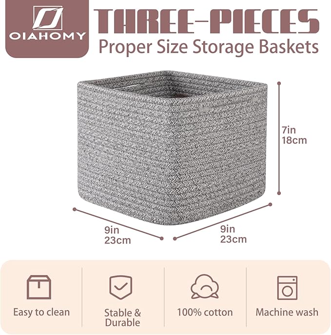 OIAHOMY 9”x9”x7” Storage Cubes, Cotton Rope Woven Baskets for Organizing, Cube Storage Bin, Small Gift Basket for Shelf, 3-Pack, Grey