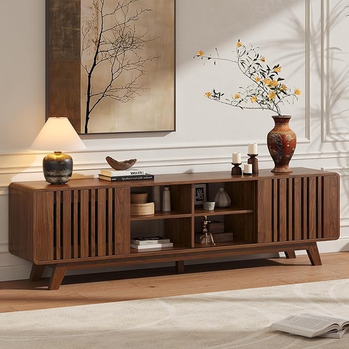 ONBRILL 70-Inch TV Stand for TVs up to 80 Inch, Mid-Century Modern Television Stand with Power Outlet， Entertainment Center with Sliding Grille Door Cabinets and Open Shelves for Living Room, Walnut