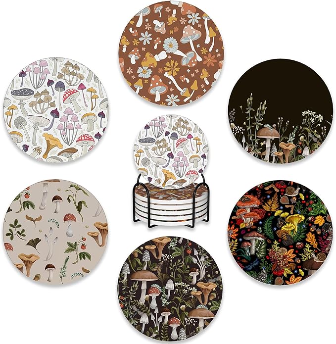 6 Pcs Coasters for Drinks with Holder,Retro Mushrooms Berries and Bugs Absorbent Coaster with Cork Backing,Great Gift for Housewarming,Room Decor,Bar,Holiday Party