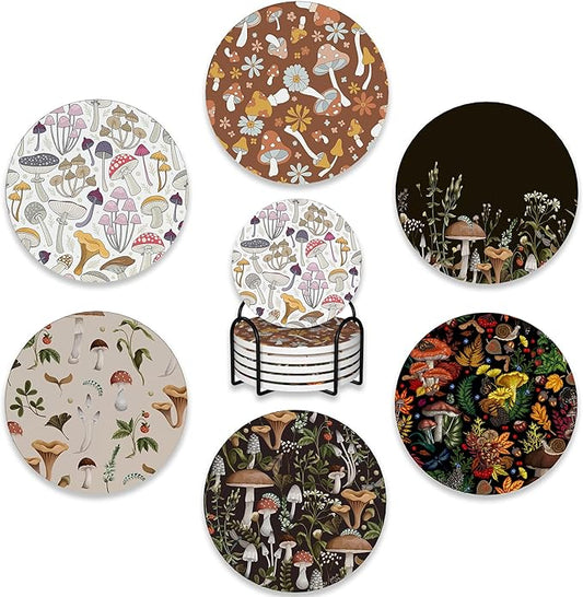 6 Pcs Coasters for Drinks with Holder,Retro Mushrooms Berries and Bugs Absorbent Coaster with Cork Backing,Great Gift for Housewarming,Room Decor,Bar,Holiday Party