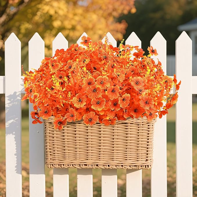 SHareconn 48 Bundles Artificial Fall Flowers for Outdoors Decoration, UV Resistant Silk Eucalyptus Lavender Faux Autumn Fake Plants for Outside Indoor Garden Yard Porch Home Decor, Sunset Red Orange