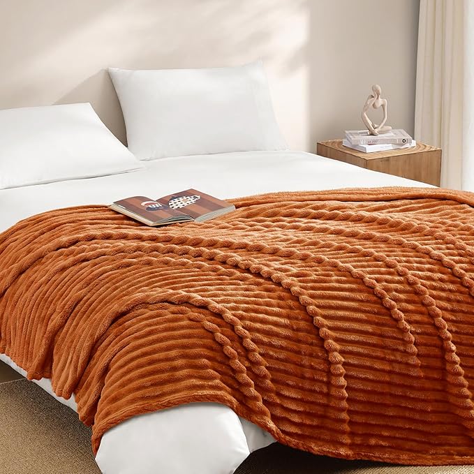 Geniospin Throw Blanket for Couch, Bed, Sofa – 280GSM Super Soft Lightweight Blanket with Stripe, 3D Ribbed Jacquard Blanket, Plush Fuzzy Cozy Throws, Warm and Breathable (Burnt Orange, 50x60 inches)