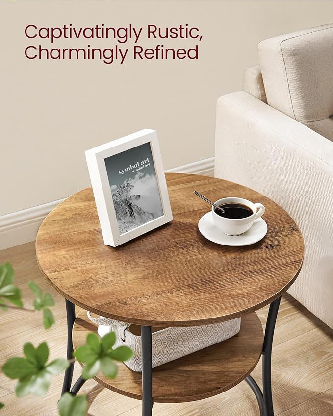 VASAGLE Side Table, 2-Tier Round End Table, Nightstand with Steel Frame for Small Spaces, Living Room, Bedroom, Honey Brown and Ink Black