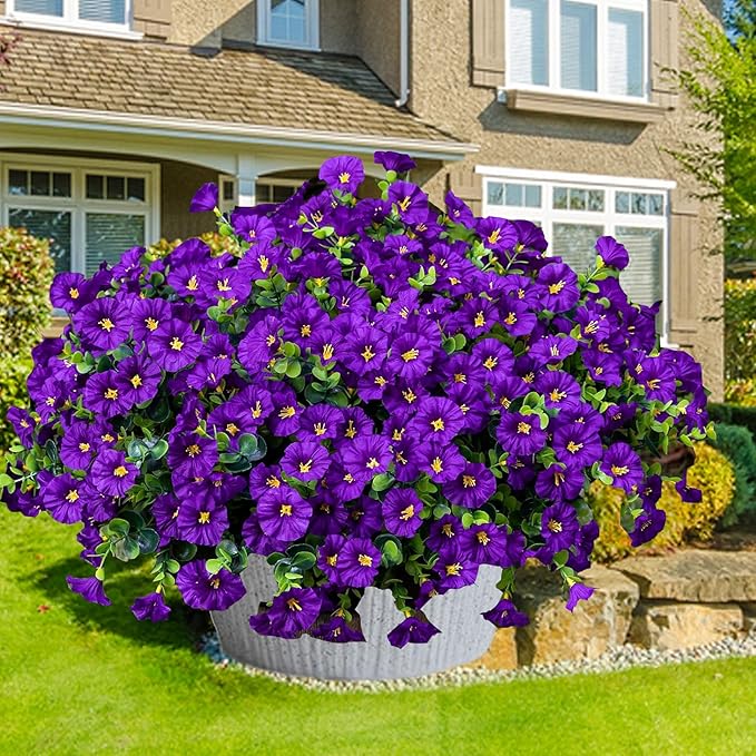 Artificial Outdoor Flowers 16 Bundles Fake Morning Glory Flower Outdoor UV Resistant Plastic Faux Flowers Plants for Decoration Indoor Outdoor Hanging Window Box Planter Home Porch Decor (Purple)